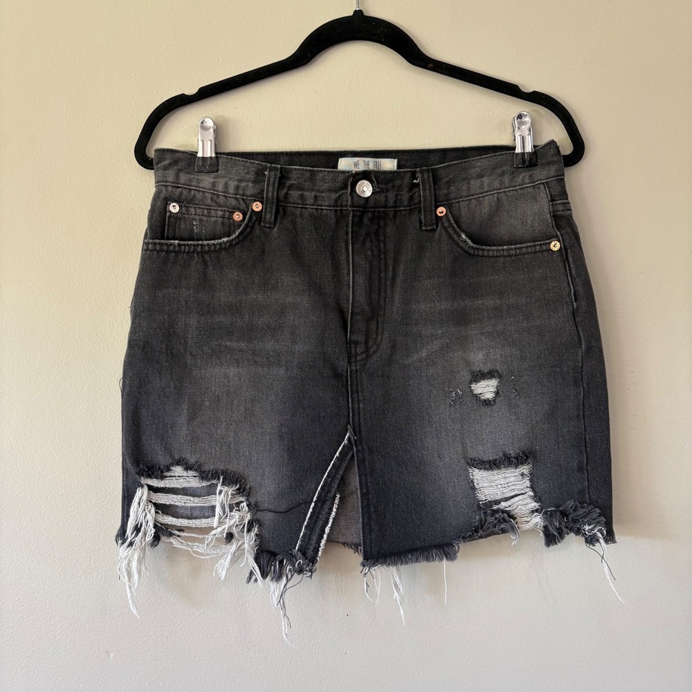 We The Free People Black Distressed Denim Mini Skirt Raw Hem 28 High Waisted